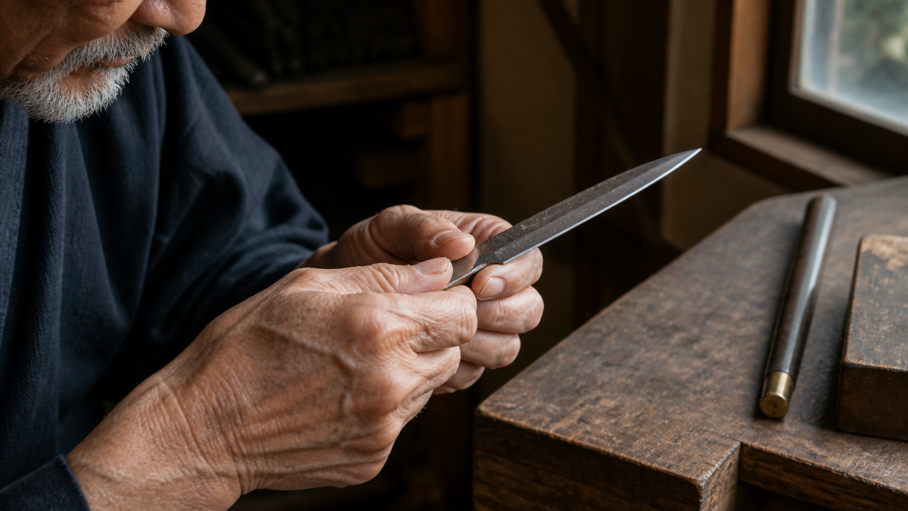 Close-up of weathered hands of an elderly Japanese craftsman carefully examining the edge of a hand-forged kitchen knife against soft natural light from a window, wooden workbench, simple and contemplative mood, photorealistic