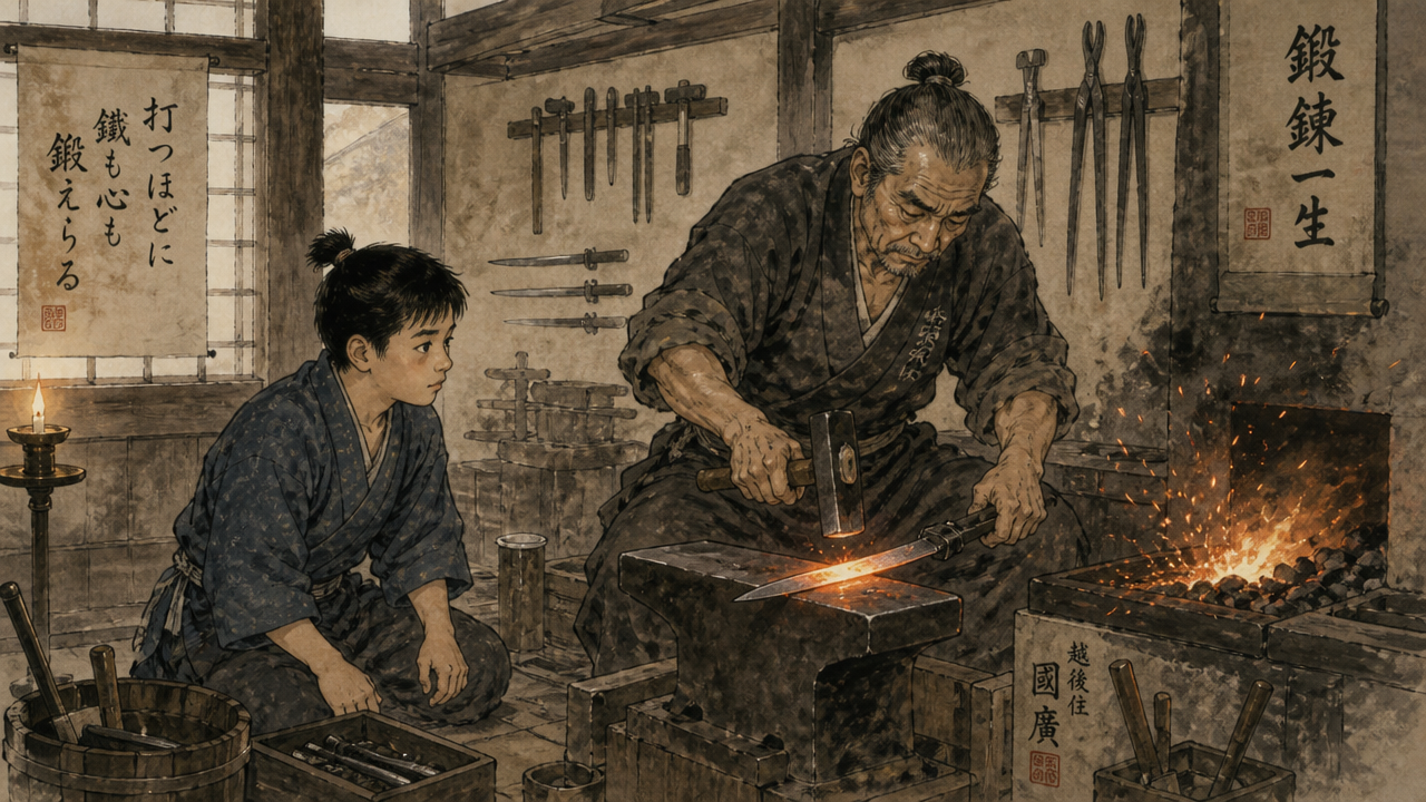 A historical Japanese workshop scene set in the Edo period, showing a young apprentice watching an elder blacksmith forge a blade, traditional Japanese interior with wooden beams, tools on the wall, warm candlelight, ink-wash illustration style with subtle color