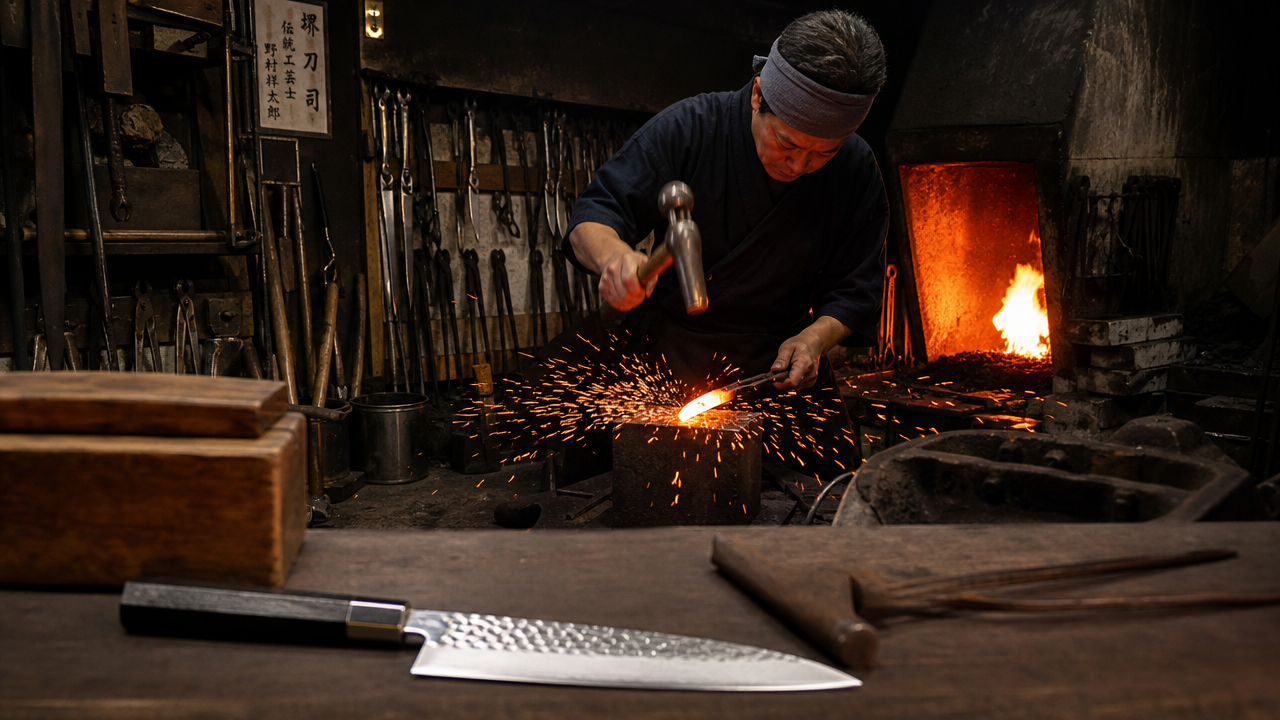 A traditional Sakai knife forge in Osaka, Japan, showing a smith hammering a hot blade on an anvil with sparks flying, workshop filled with traditional tools, a finished Japanese kitchen knife visible in the foreground on a wooden surface, dramatic warm lighting, photorealistic