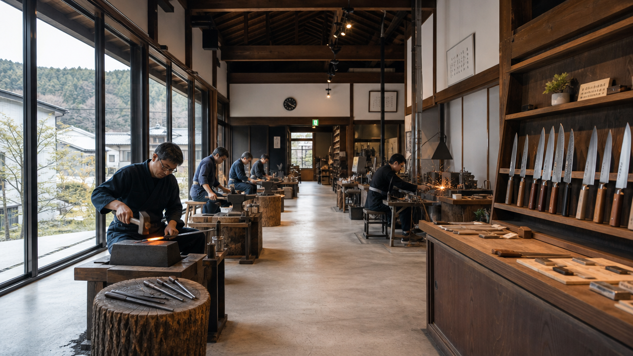 The interior of a modern Japanese knife cooperative workshop in rural Fukui Prefecture, multiple smiths working at individual stations with traditional tools, natural light through large windows, finished Echizen knives displayed on a wooden rack, clean and purposeful atmosphere, photorealistic