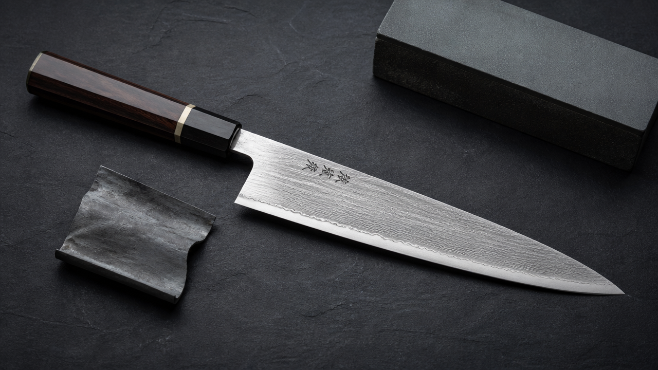 A beautifully crafted Japanese gyuto kitchen knife resting on a dark slate surface next to a small piece of folded steel and a sharpening whetstone, soft directional studio lighting highlighting the blade's grain and edge, minimalist composition, photorealistic
