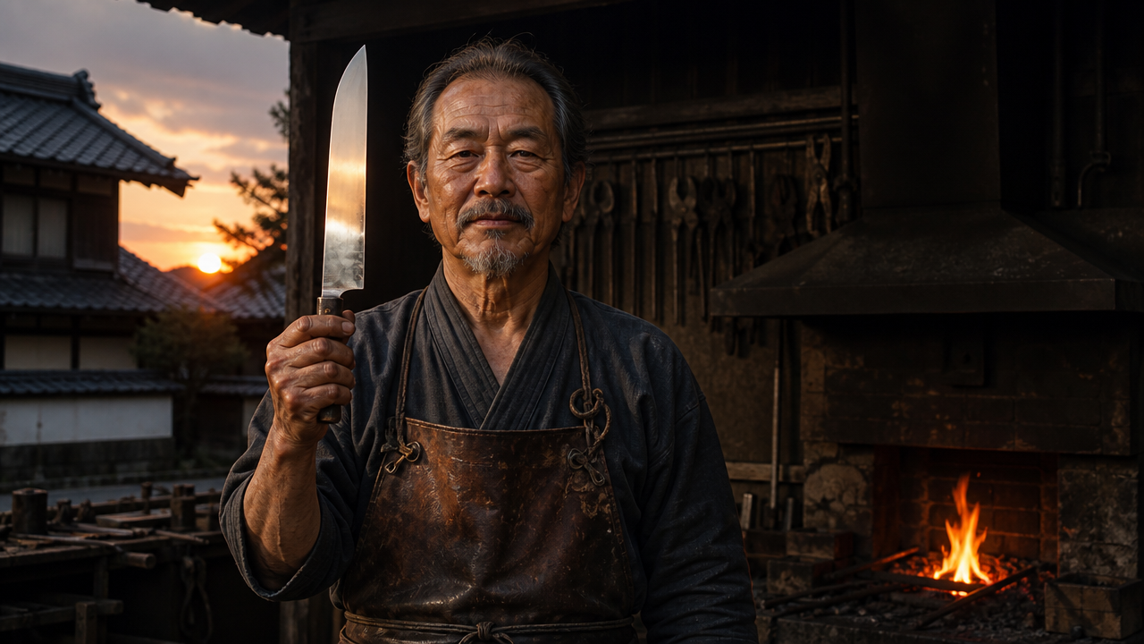 An aged Japanese master blacksmith standing proudly in front of a traditional forge at dusk, holding a finished kitchen knife blade upward reflecting the last light, worn leather apron, tools visible behind him, quiet dignity, cinematic photorealistic lighting