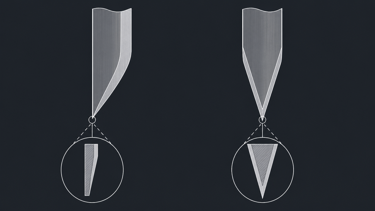 Technical illustration style diagram on a dark slate background showing two knife blade cross-sections side by side: left labeled single bevel with asymmetric wedge shape and flat back, right labeled double bevel with symmetric V-shape, clean line art with minimal color, no text labels, no price tags