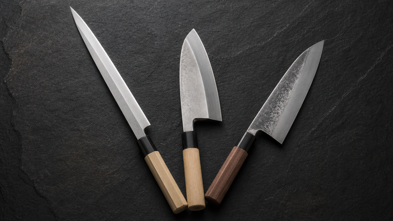 Flat lay on a dark slate surface showing three Japanese knives of different shapes — a long slender yanagiba, a wide deba, and a gyuto — arranged in a fan pattern, soft directional lighting highlighting blade geometry, no text, no price tags