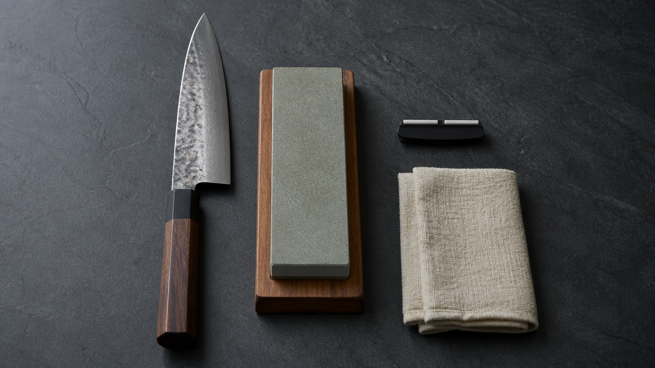 Flat lay on a dark slate surface showing a Japanese knife beside a whetstone, a small angle guide, and a folded cloth, arranged neatly with soft side lighting, no text, no price tags, photorealistic