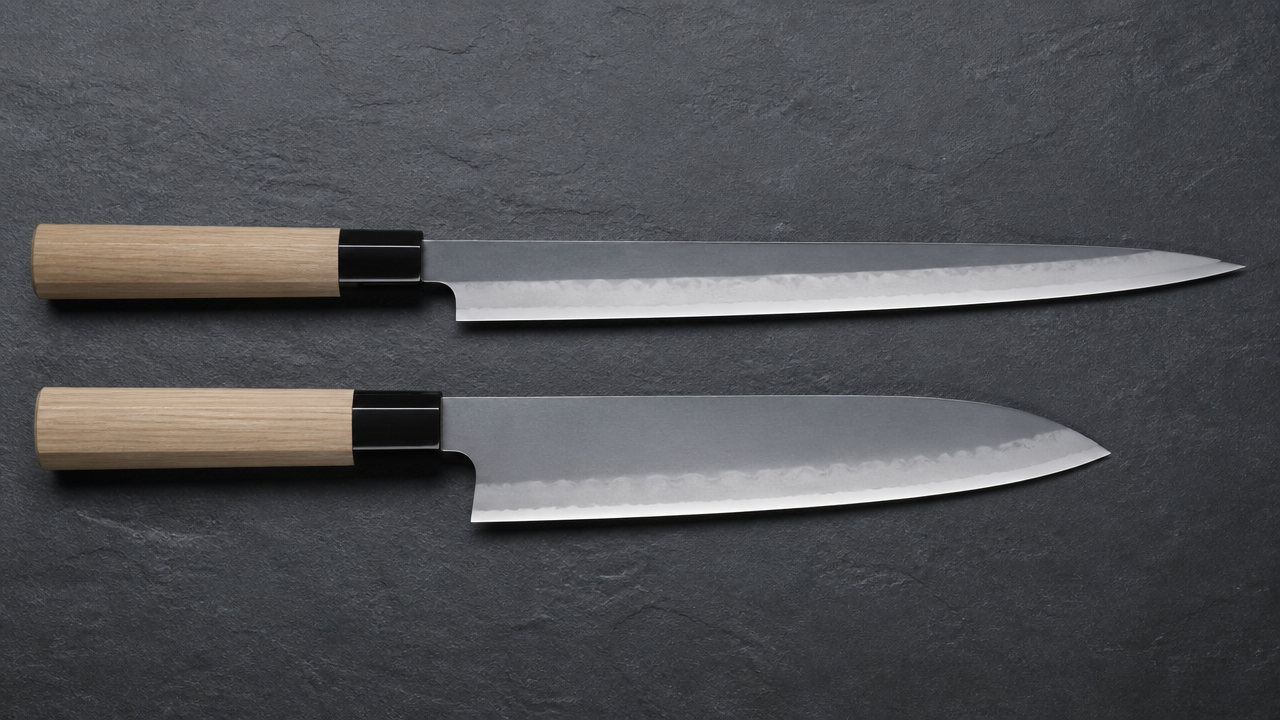 Flat lay on a dark slate surface showing two Japanese knives of similar elegance — one yanagiba and one gyuto — placed parallel with equal spacing, soft even lighting emphasizing the blade surfaces, no text, no price tags, photorealistic