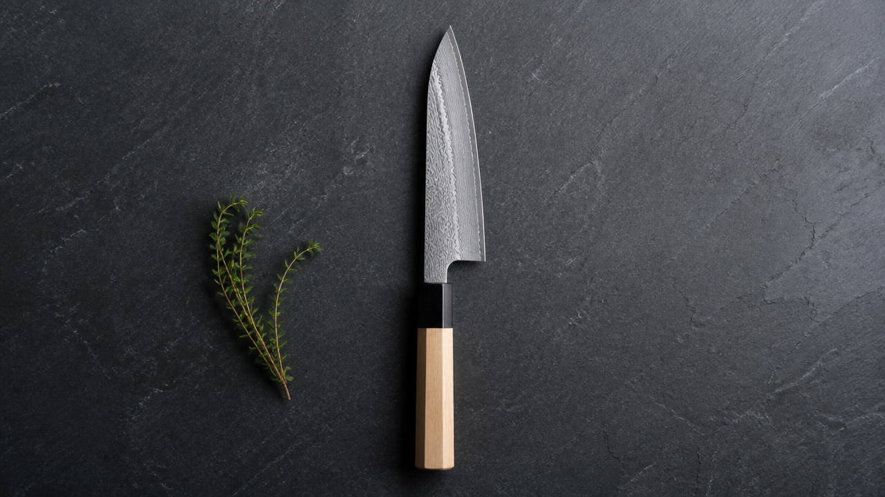 Flat lay on a dark slate surface showing a single Japanese knife centered on the frame with a small herb sprig beside it, clean minimalist composition, soft natural light, no text, no price tags, photorealistic