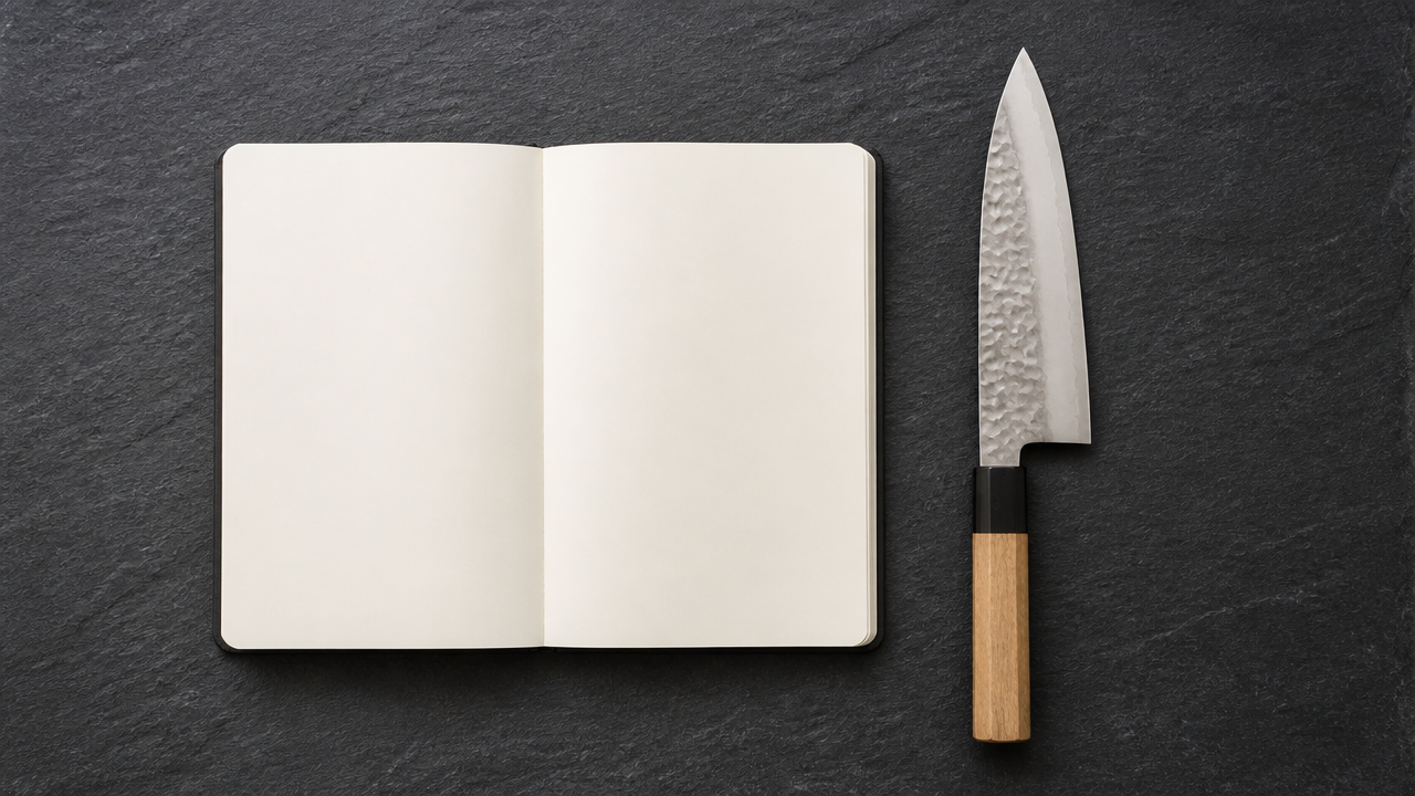 Simple flat lay on a dark slate surface showing an open notebook and a Japanese knife placed side by side, minimal composition with soft even lighting, no text, no price tags, illustrative style