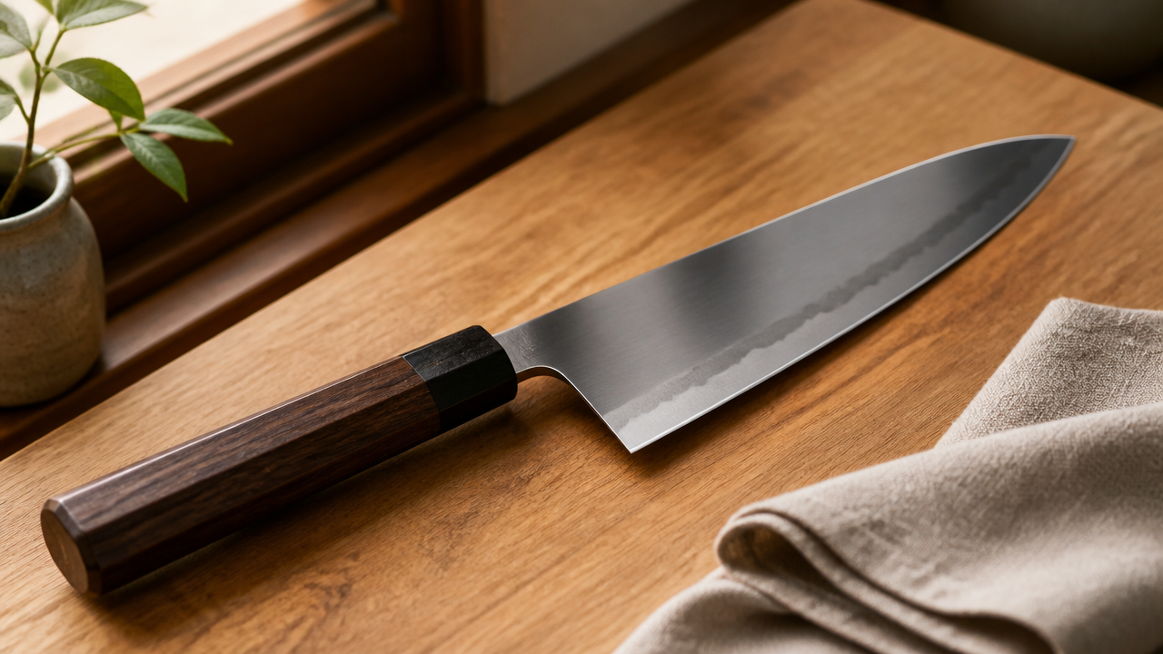 A close-up, warm-toned photograph of a single Japanese chef's knife resting on a clean wooden cutting board next to a folded linen cloth, with soft natural light coming from a nearby window. The knife blade is dry and gleaming, conveying careful maintenance. No text, no branding.