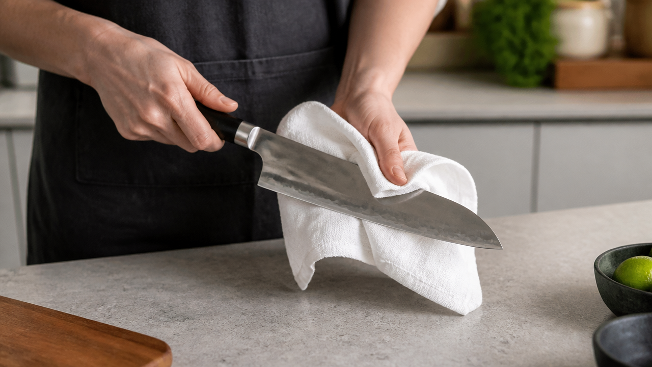 A realistic photograph of a pair of hands carefully drying a Japanese gyuto knife with a clean white linen towel on a kitchen counter. The scene is well-lit, tidy, and domestic. No text, no logos, no branding on the knife.