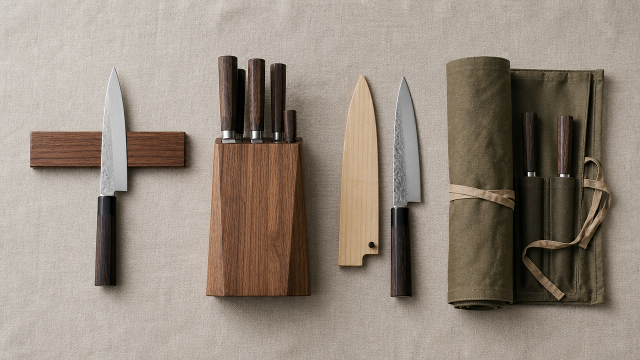 A flat-lay photograph showing four Japanese knife storage methods side by side on a neutral linen background: a wall-mounted magnetic strip with a knife attached, a wooden knife block, a wooden saya sheath next to a knife, and a rolled canvas knife roll partially unrolled. Clean, editorial styling, natural light. No text or branding.