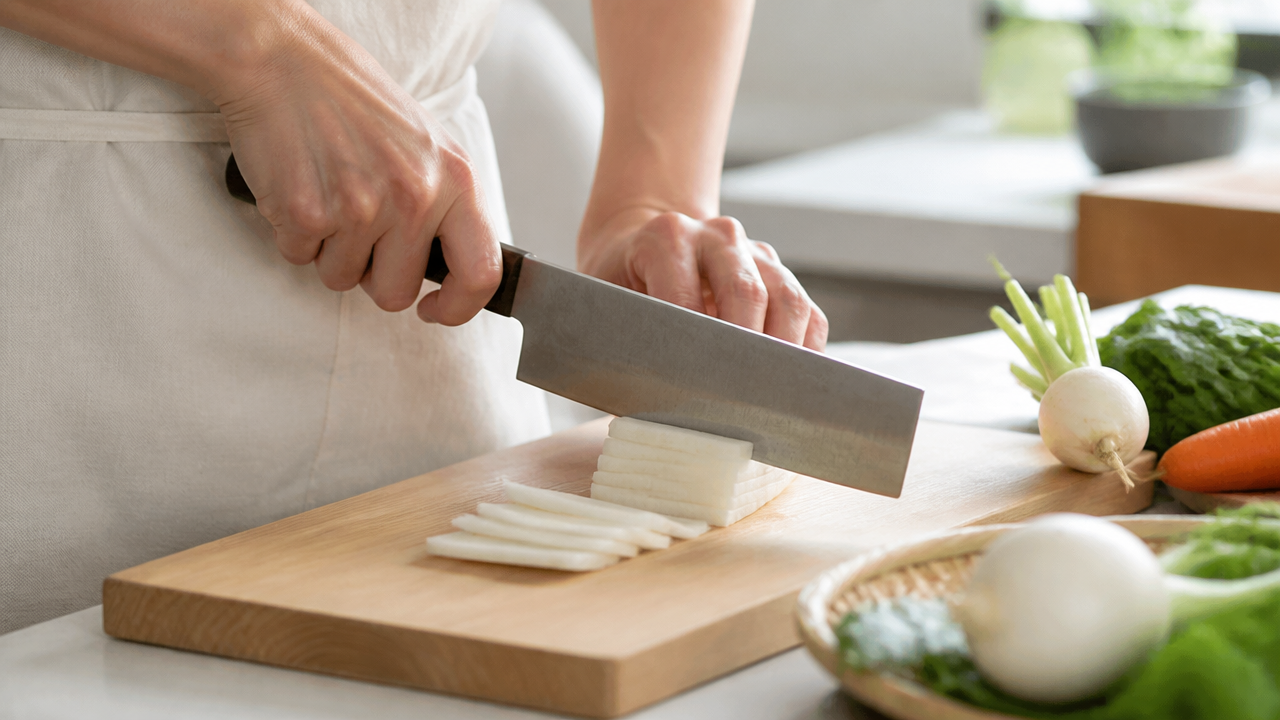 A realistic kitchen photograph showing a Japanese nakiri knife being used to slice vegetables on a wooden cutting board, with the correct downward slicing motion clearly visible. Clean kitchen background, natural light. No text, no branding.