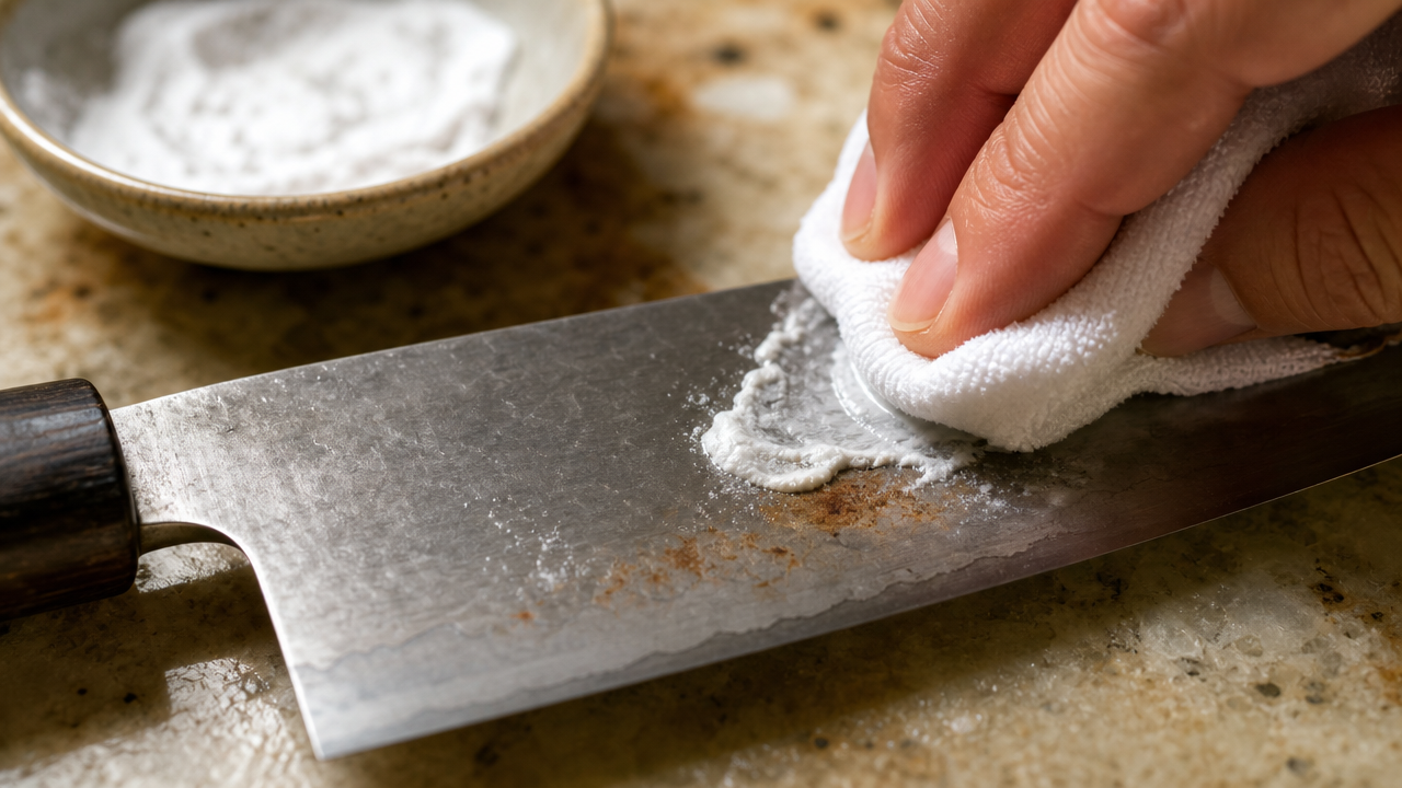 A close-up macro photograph of a Japanese carbon steel knife blade showing a small area of surface rust being gently treated with a baking soda paste on a soft white cloth, on a kitchen countertop. The image is detailed and instructional in feel, with warm natural lighting. No text, no branding.