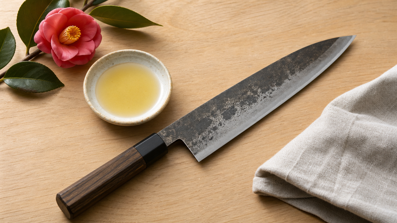 A clean, editorial-style flat-lay photograph showing a Japanese carbon steel knife with a visible natural patina on the blade, placed next to a small dish of camellia oil and a folded cloth on a light wooden surface. Soft, diffused natural lighting. No text, no logos.