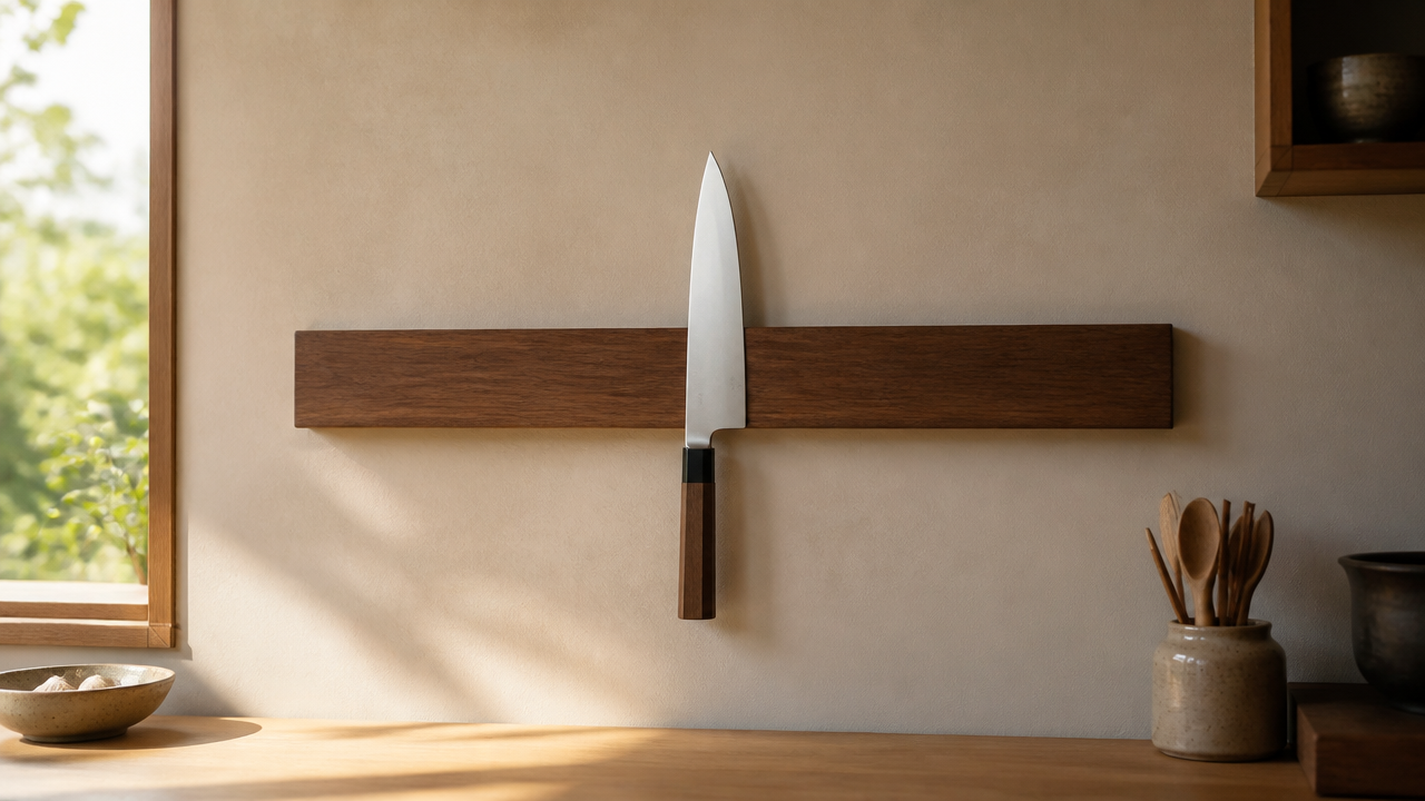 A warm, atmospheric photograph of a Japanese kitchen knife resting on a wooden magnetic knife strip mounted on a kitchen wall, with soft morning light and a clean, uncluttered kitchen counter visible below. The knife blade is polished and dry. No text, no branding.