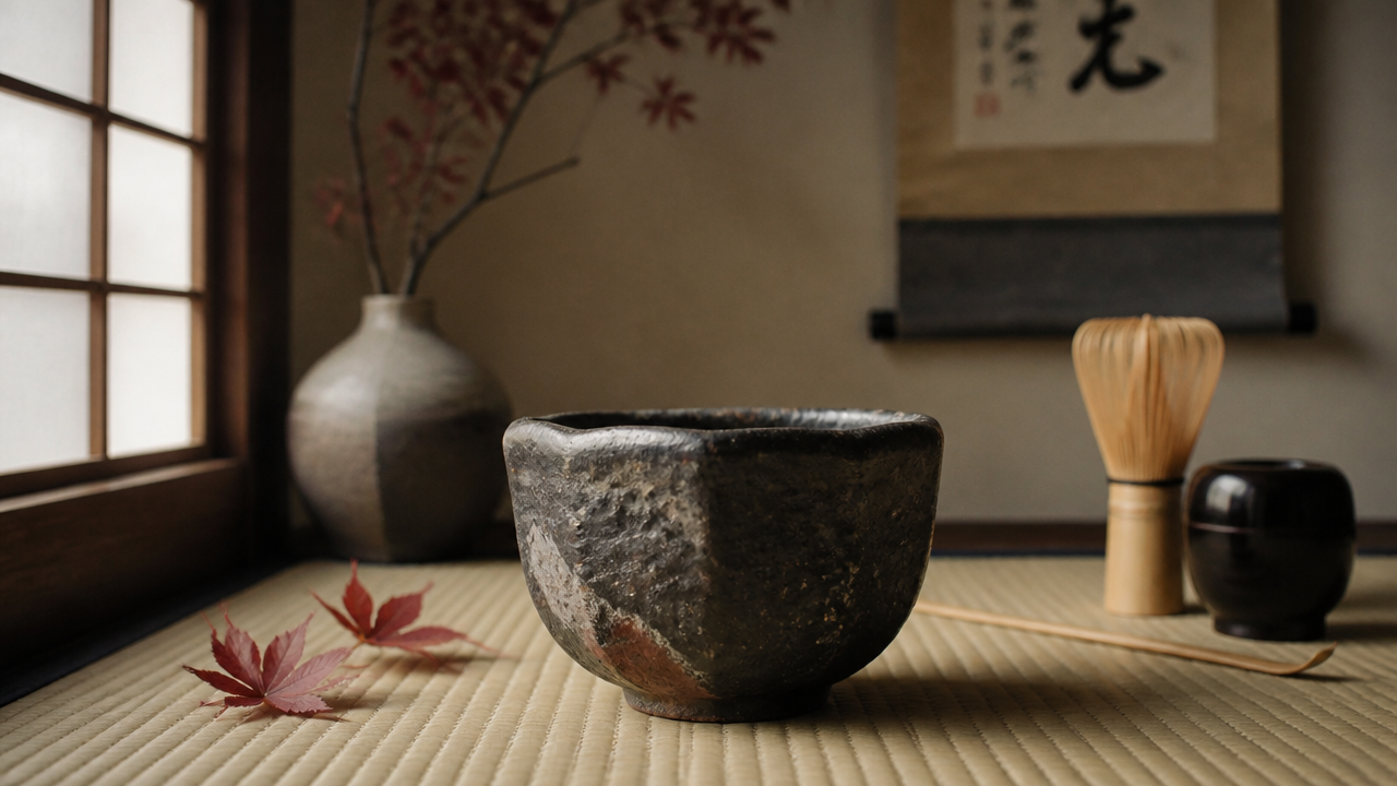 A tranquil Japanese tea ceremony setting with a rough asymmetrical ceramic tea bowl on a tatami mat, autumn leaves nearby, muted earthy tones, natural light from a shoji screen, wabi-sabi aesthetic, photorealistic