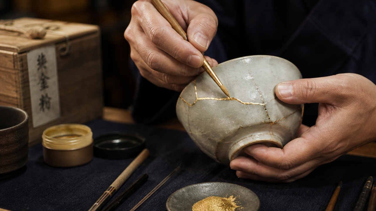 A craftsman's hands carefully applying gold powder along the lacquered crack of a ceramic bowl, shallow depth of field, warm studio lighting, tools laid out on a dark cloth, detailed and photorealistic
