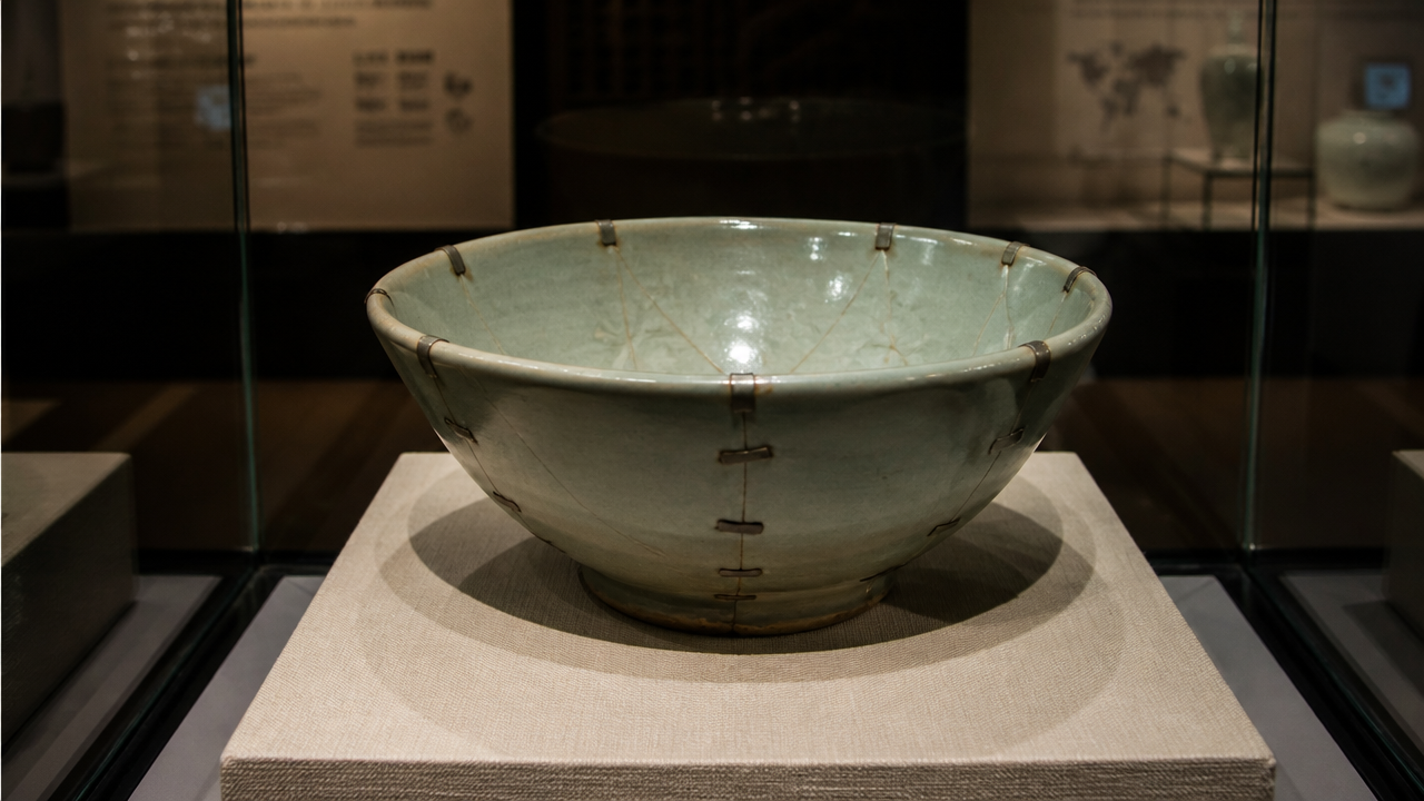 An ancient celadon ceramic bowl with visible metal staple repairs displayed in a museum case with soft spotlighting, historical artifact aesthetic, muted greens and grays, photorealistic