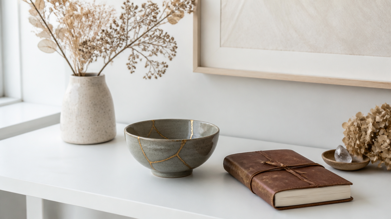 A modern Western studio with a repaired kintsugi bowl on a minimalist white shelf beside a journal and dried botanicals, soft daylight, contemporary and calm atmosphere, photorealistic