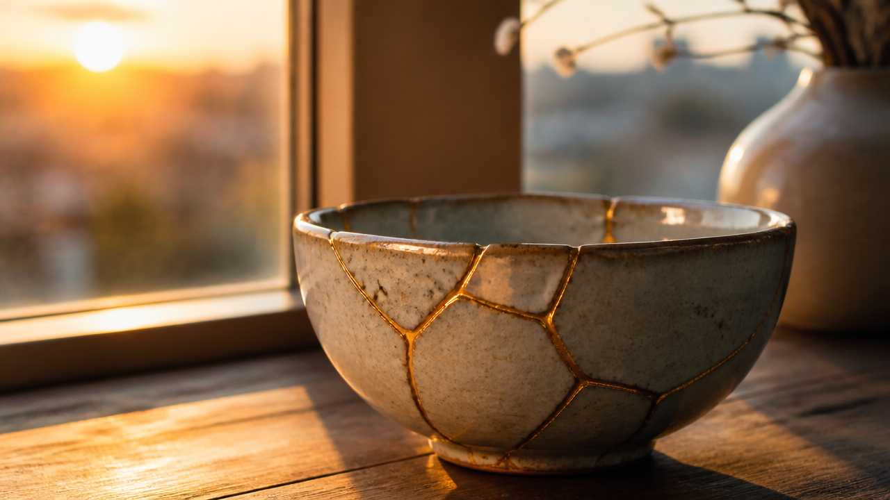 A beautifully repaired kintsugi ceramic bowl glowing with gold seams placed near a window at golden hour, contemplative and serene mood, shallow focus, photorealistic