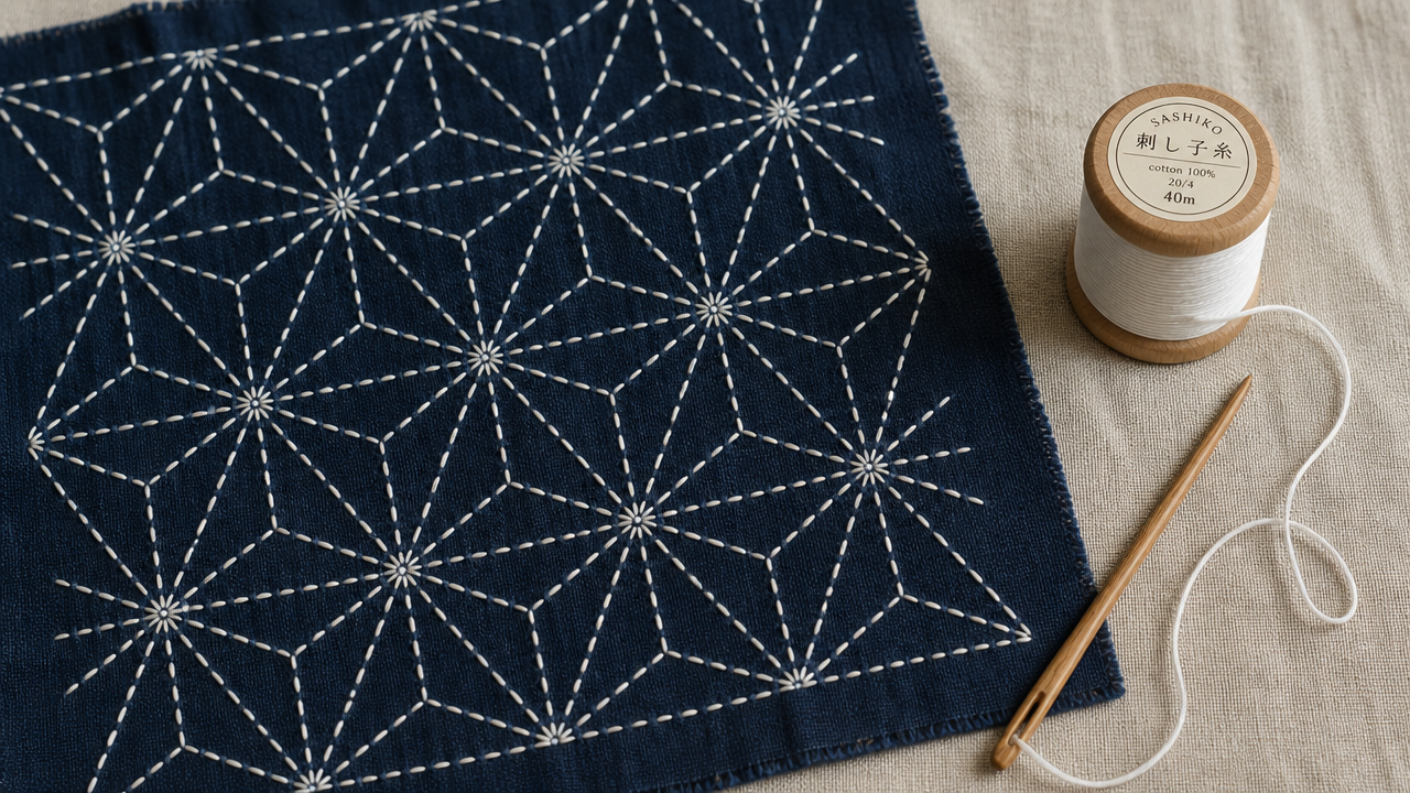 A flat-lay composition on a natural linen surface showing a piece of dark indigo cotton fabric with white sashiko running stitches forming a traditional asanoha (hemp leaf) geometric pattern, alongside a wooden sashiko needle and a spool of white sashiko thread. Soft natural window lighting, minimal styling, craft photography aesthetic.