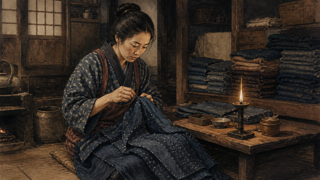 A painterly illustration in muted indigo, rust, and cream tones depicting a Meiji-era Japanese farmhouse interior scene. A woman in traditional work clothing sits near a low wooden table, stitching layers of dark indigo fabric by hand under warm candlelight. Stacks of folded cloth visible in the background. Documentary illustration style, no text.
