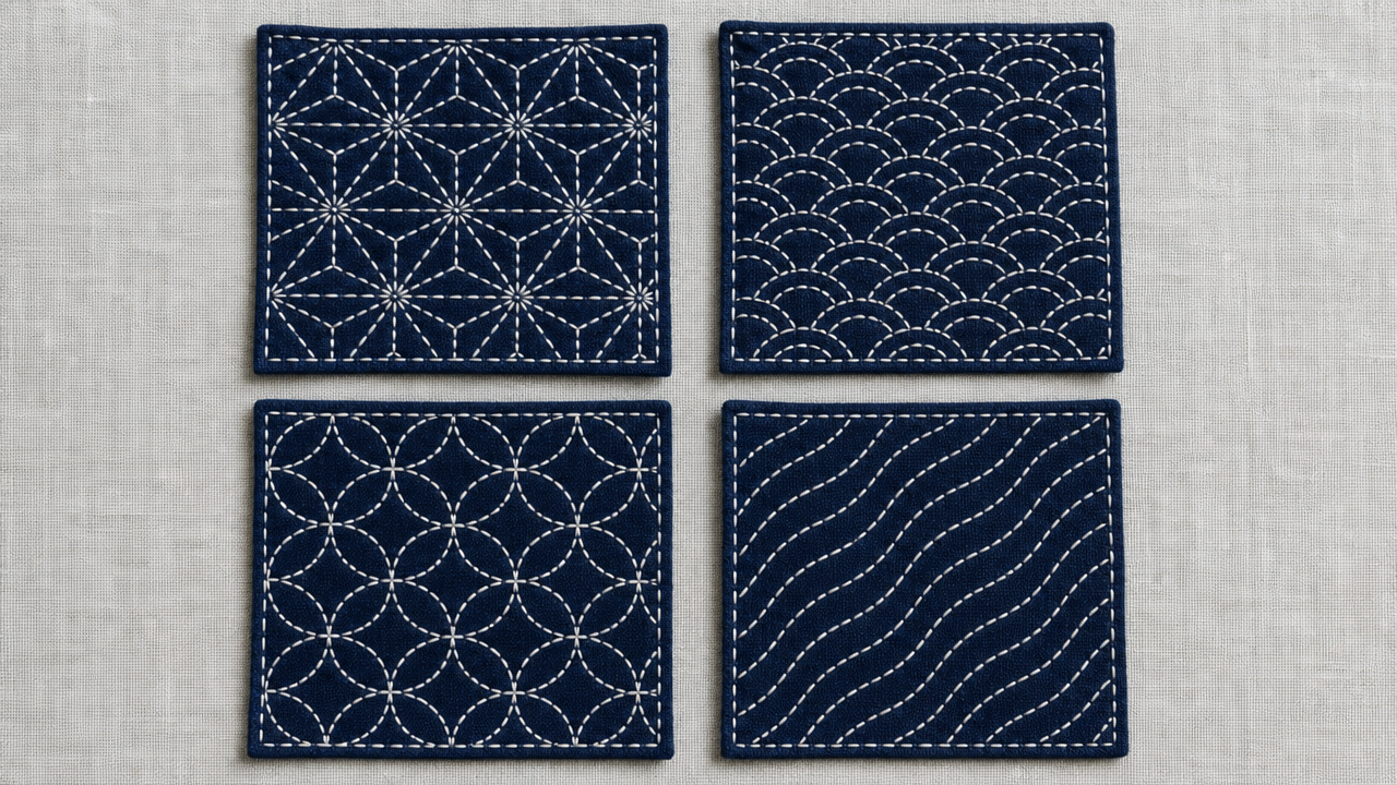 A clean, close-up top-down photograph style illustration showing four swatches of dark indigo fabric, each featuring a different hand-stitched sashiko pattern in white thread: asanoha (hemp leaf), seigaiha (overlapping arcs), shippo-tsunagi (linked circles), and nowaki (diagonal flowing lines). Arranged in a 2x2 grid on a light grey linen background. Studio lighting, crisp detail, no text overlays.