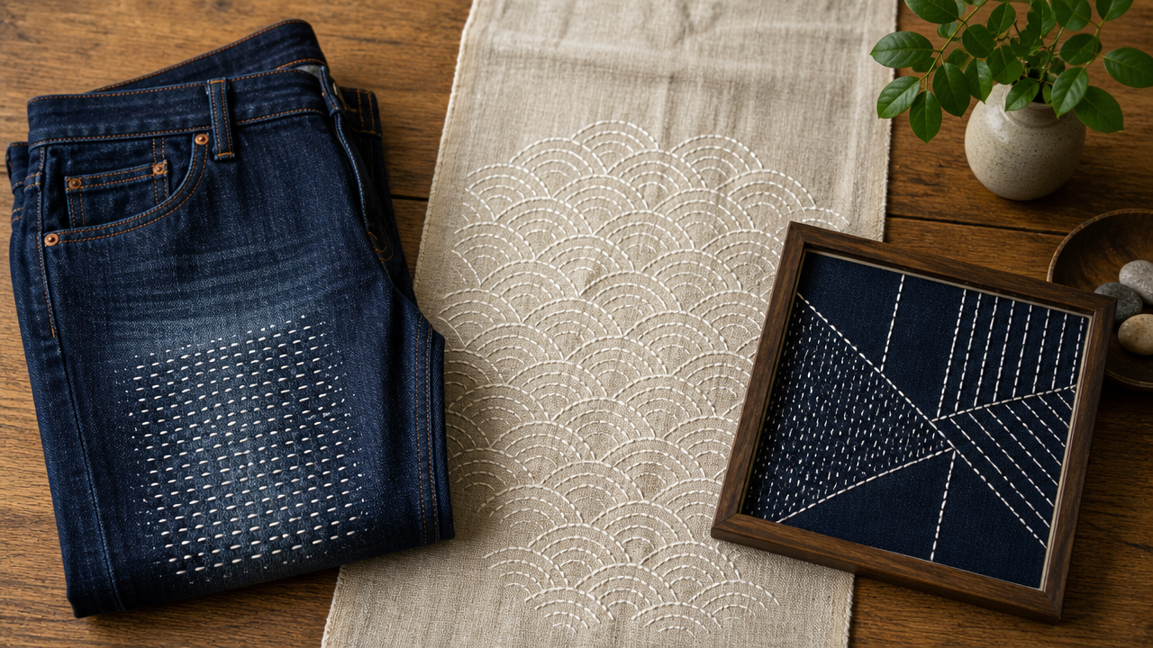A styled flat-lay showing three modern sashiko applications: a folded pair of dark indigo denim jeans with white running-stitch sashiko repair on the knee area, a natural linen table runner with a seigaiha wave pattern stitched in white thread, and a small framed textile art piece with abstract stitched geometric lines. Arranged on a warm wood surface with natural side lighting. Contemporary craft aesthetic, no text.