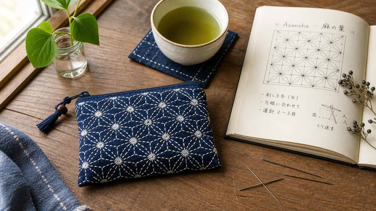 A warm, inviting flat-lay on a natural wood table surface showing a finished sashiko project — a small indigo cotton pouch with white asanoha stitching — alongside an open notebook with hand-drawn pattern sketches, a cup of green tea, and scattered sashiko needles. Soft natural window light from the left. Lifestyle craft photography aesthetic, calm and unhurried mood.