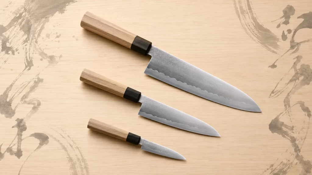 Three Japanese knives of different sizes arranged on a wooden surface