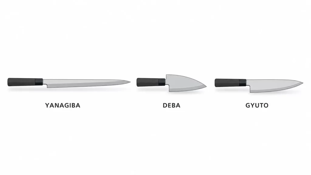 Diagram of three knives labeled Yanagiba, Deba and Gyuto