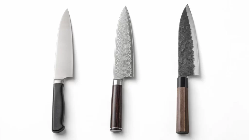 Three chef's knives side by side with different blade finishes: plain polished, Damascus pattern and dark hammered