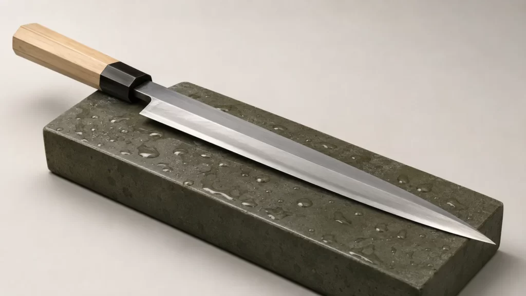 Yanagiba knife with a pale wooden handle resting on a wet whetstone