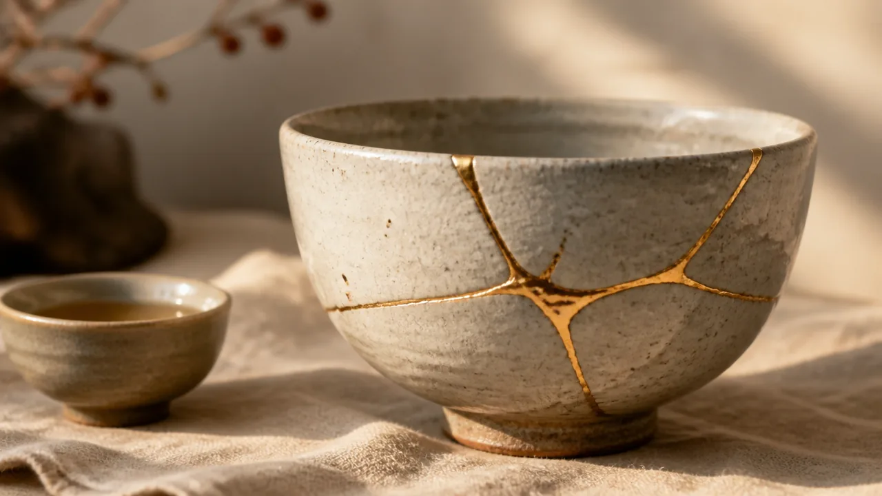 Ceramic tea bowl with gold repair lines beside a small cup of tea