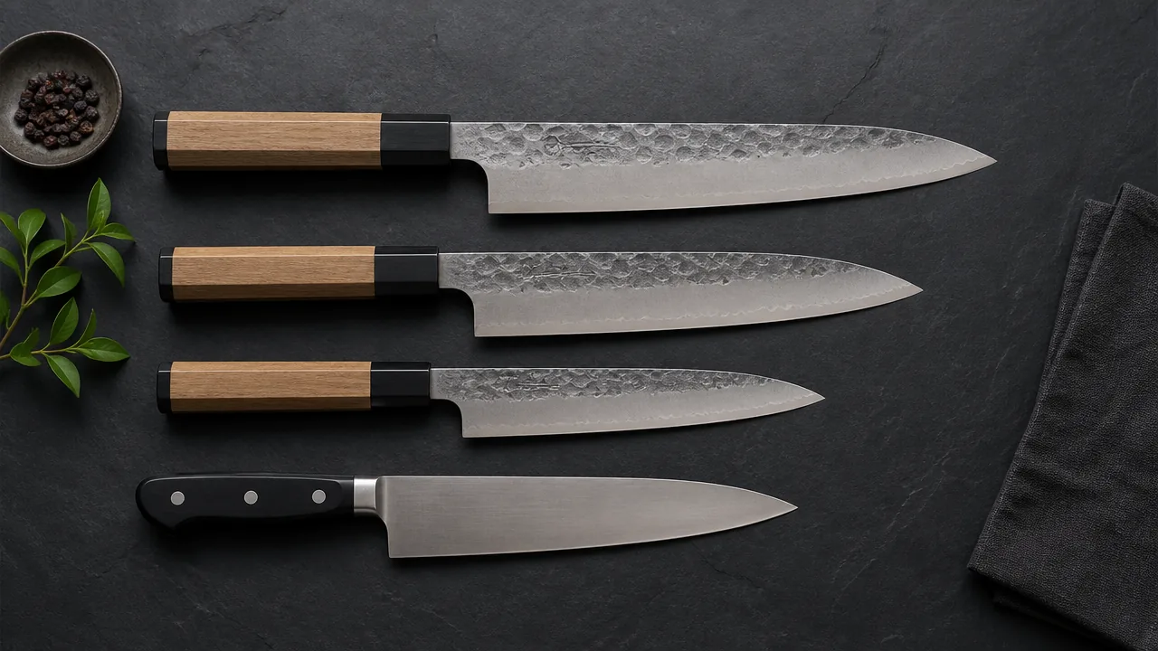 Four chef's knives of different lengths in a row on slate, three with wooden handles and one with a black riveted handle
