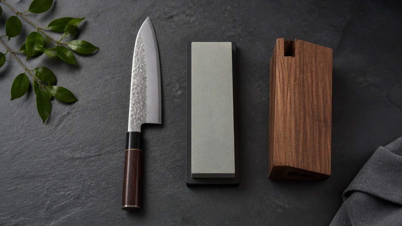 Gyuto beside a whetstone and a wooden blade guard on slate