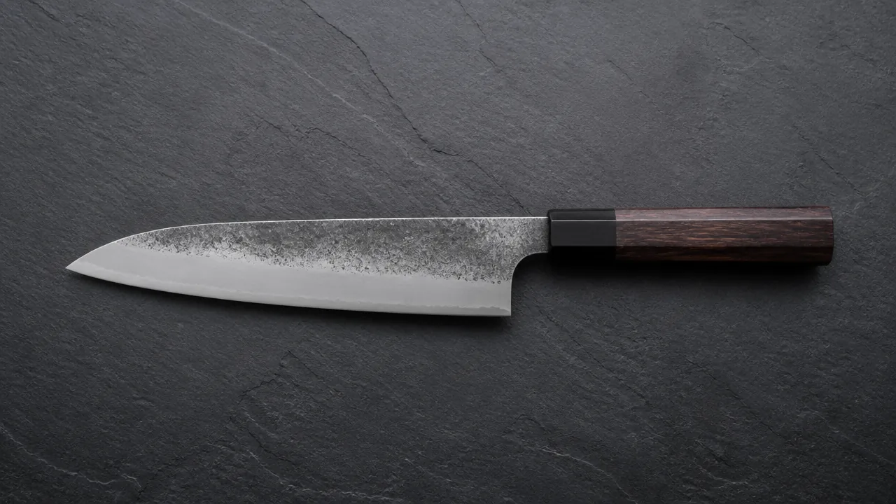Gyuto with a dark forged finish and an octagonal wooden handle on slate