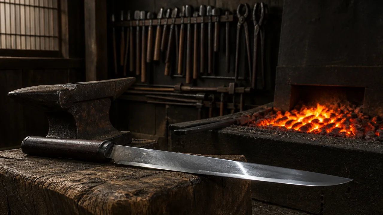 A photograph of the interior of a traditional Japanese knife forge with a charcoal hearth glowing orange, an iron anvil, and a wall of hanging hammers and tongs, warm low light, dark wooden beams, no workers present. Photorealistic product photography, macro lens, studio lighting, sharp specular highlights along the blade edge and spine, realistic brushed or polished steel texture with visible light reflection, not an illustration or painted rendering. No hands, no people, no text, no lettering, no numbers, no logos, no brand names, no engraving on the blades, no price tags.