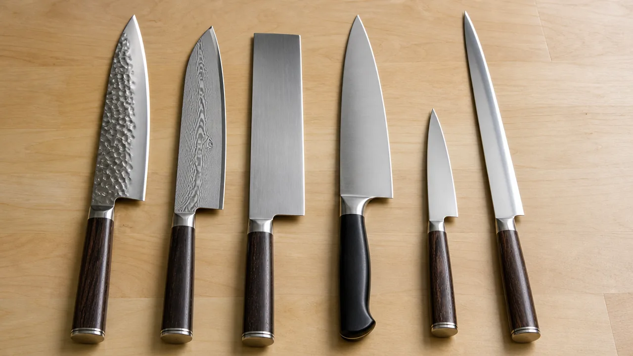 A photograph on a light wooden countertop of six different Japanese kitchen knives laid out side by side in a neat row, blades pointing the same direction, each a different shape and finish: a hammered gyuto, a Damascus-pattern santoku, a plain polished nakiri, a black-handled chef's knife, a small petty knife, and a long slicing knife. All blades are plain, unmarked, and identical in style to no particular brand. Soft natural window light. Photorealistic product photography, macro lens, studio lighting, sharp specular highlights along the blade edge and spine, realistic brushed or polished steel texture with visible light reflection, not an illustration or painted rendering. No hands, no people, no text, no lettering, no numbers, no logos, no brand names, no engraving on the blades, no price tags.