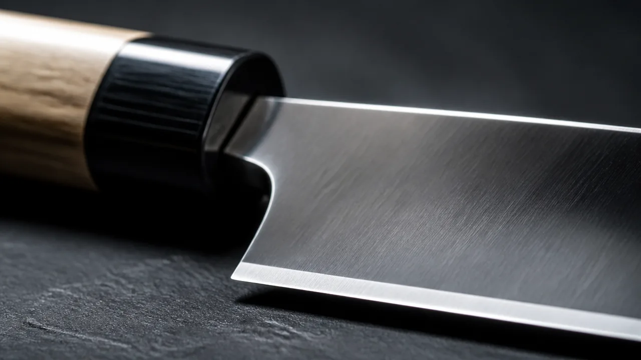 A close-up macro photograph of the heel and spine of a Japanese chef's knife blade on a dark slate surface, showing the fine grind lines on the blade face and the edge catching the light, with the wooden handle softly out of focus in the background. Photorealistic product photography, macro lens, studio lighting, sharp specular highlights along the blade edge and spine, realistic brushed or polished steel texture with visible light reflection, not an illustration or painted rendering. No hands, no people, no text, no lettering, no numbers, no logos, no brand names, no engraving on the blades, no price tags.