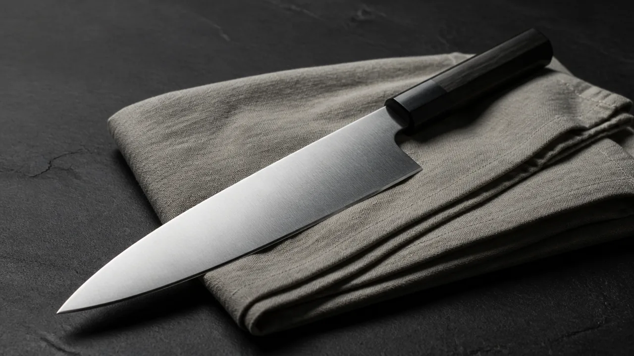 A quiet still life photograph on a dark slate surface of a single Japanese chef's knife with a plain unmarked blade resting on a folded linen cloth, generous negative space, low directional studio light, calm mood. Photorealistic product photography, macro lens, studio lighting, sharp specular highlights along the blade edge and spine, realistic brushed or polished steel texture with visible light reflection, not an illustration or painted rendering. No hands, no people, no text, no lettering, no numbers, no logos, no brand names, no engraving on the blades, no price tags.