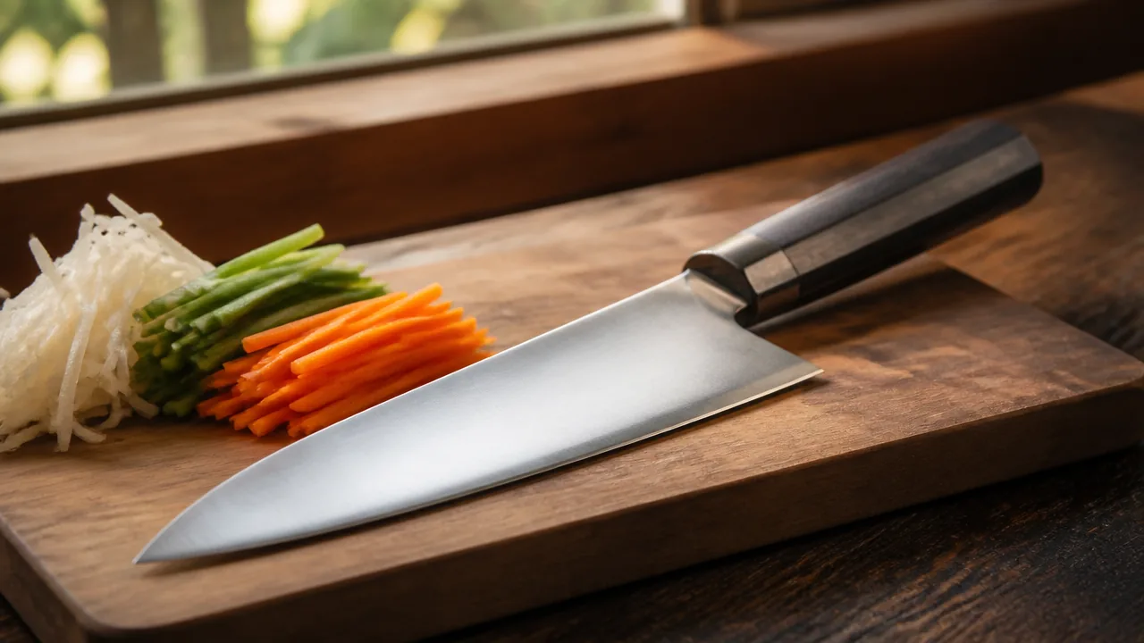 A warm editorial photograph on a wooden kitchen counter of a Japanese chef's knife with a plain unmarked blade resting on a wooden cutting board beside finely sliced vegetables, soft natural window light. Photorealistic product photography, macro lens, studio lighting, sharp specular highlights along the blade edge and spine, realistic brushed or polished steel texture with visible light reflection, not an illustration or painted rendering. No hands, no people, no text, no lettering, no numbers, no logos, no brand names, no engraving on the blades, no price tags.