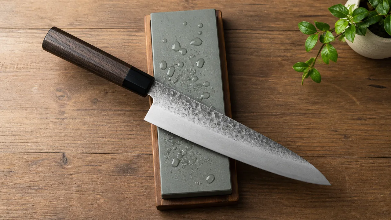 Knife with a hammered blade resting across a wet whetstone on a wooden table