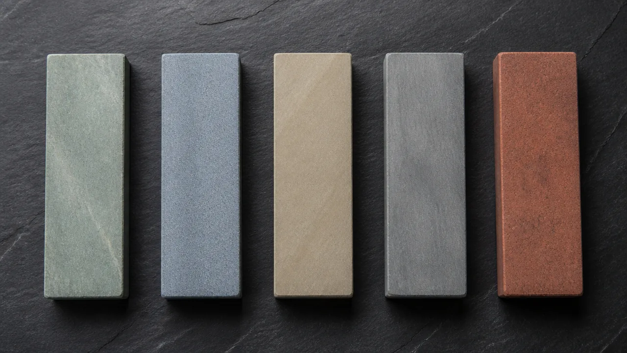 Five whetstones of different colors in a row on a slate surface