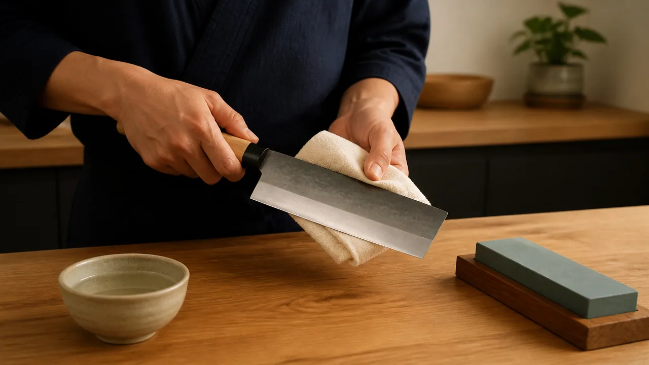Hands drying a nakiri knife with a cloth beside a whetstone
