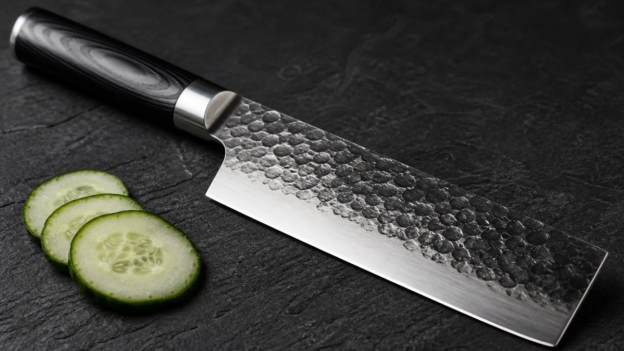 Nakiri knife with a hammered blade on slate beside three cucumber slices