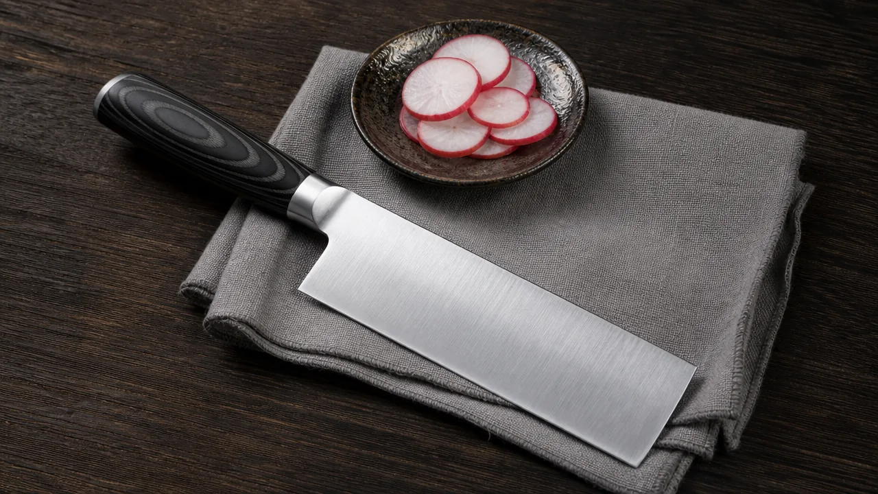 Nakiri knife on a grey cloth next to a small dish of sliced radishes
