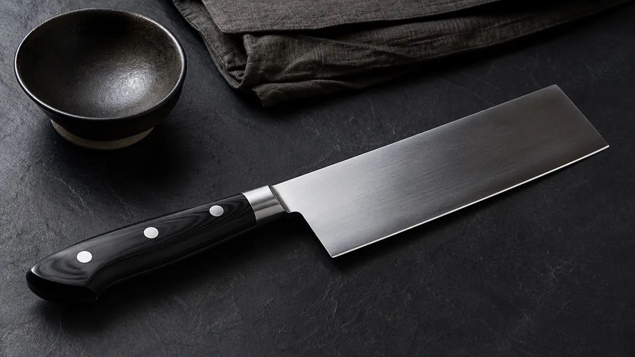 Nakiri knife with a black riveted handle on slate beside a small black bowl