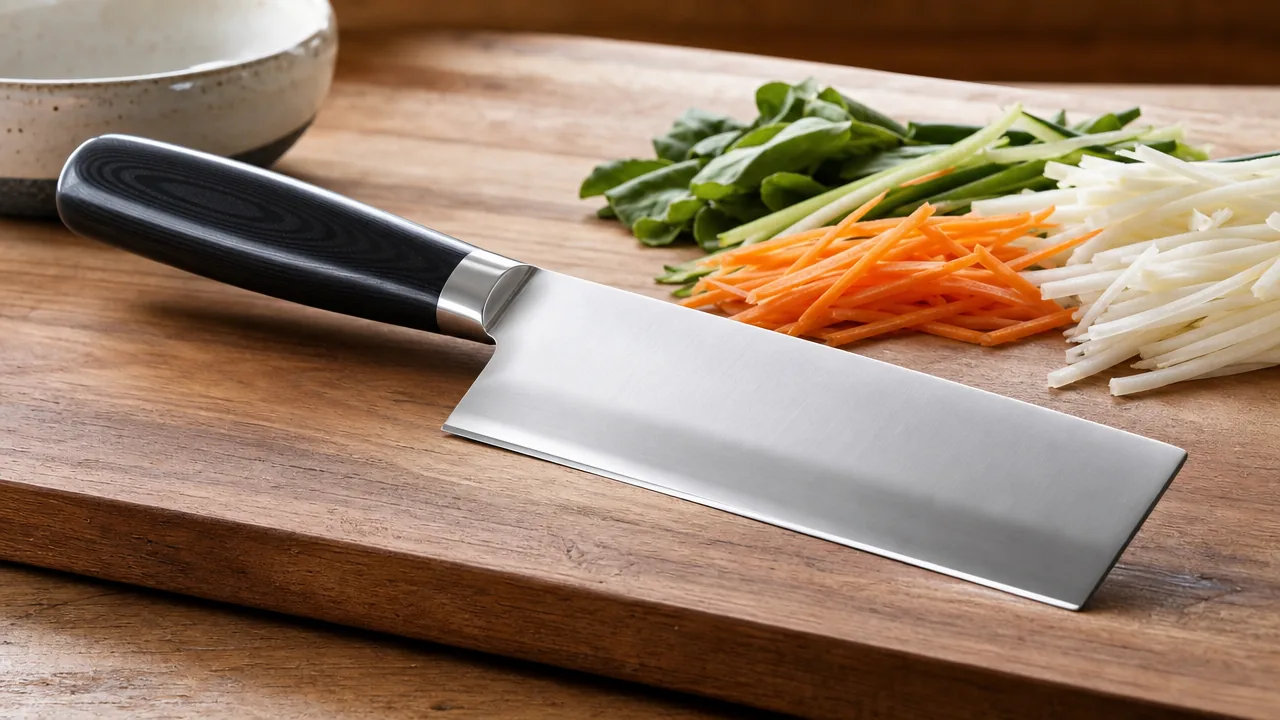 Nakiri knife on a wooden cutting board with julienned carrots, daikon and greens