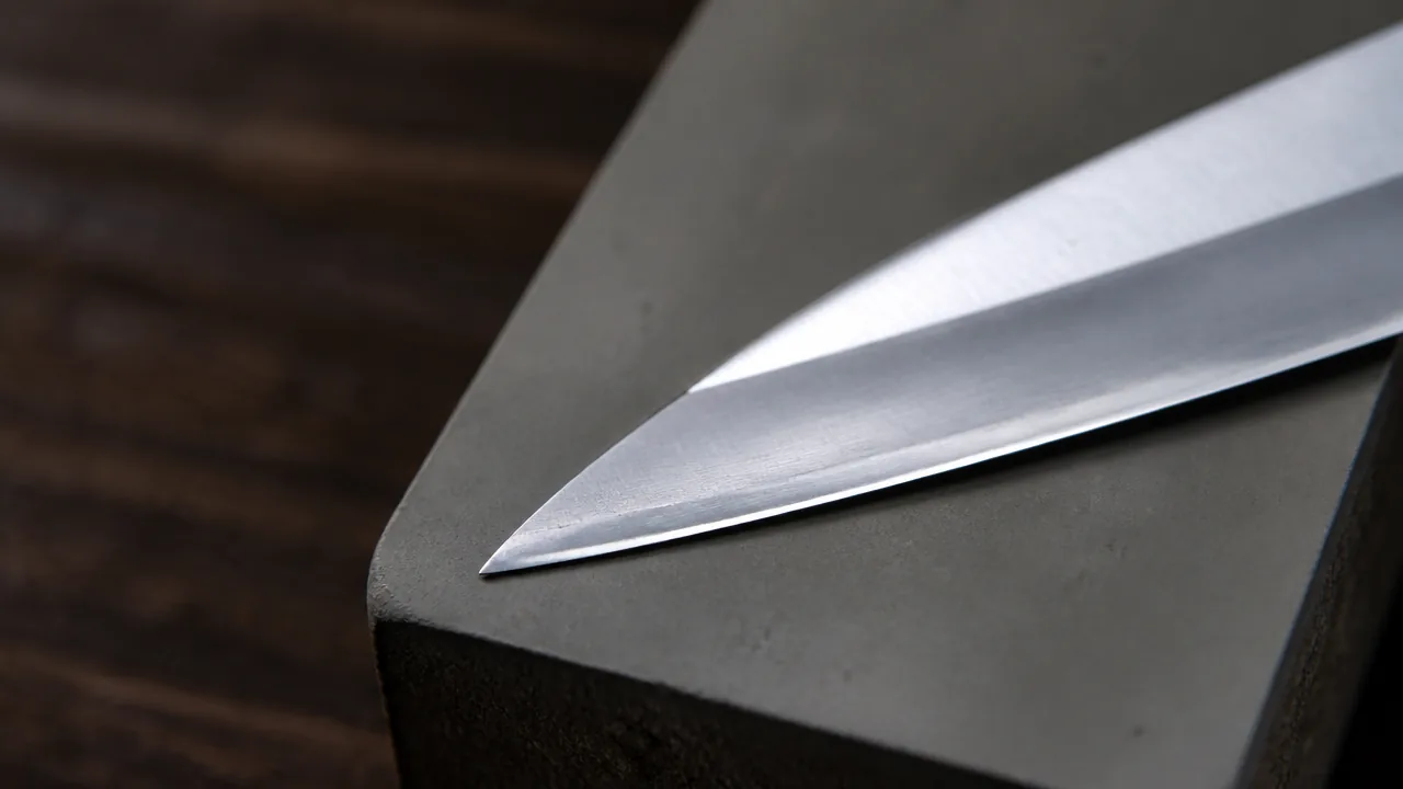 Close-up of a knife blade tip resting on a grey whetstone